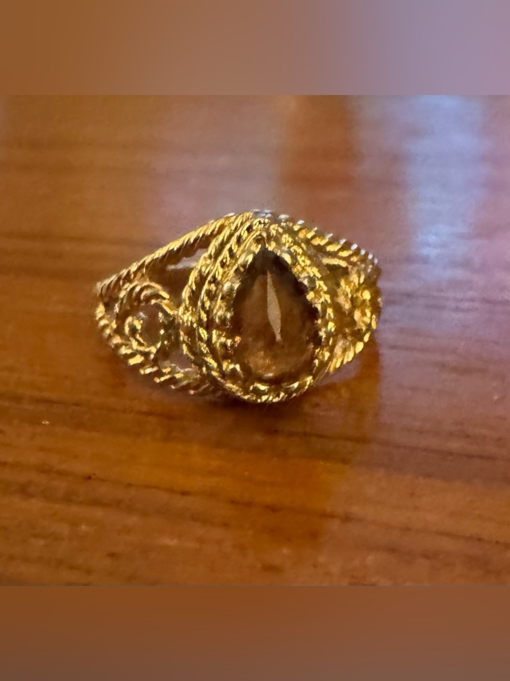 Vintage 1976-77 Avon “Smokeblaze” Ring, Sz 7, Gold Tone Filigree, Faux Topaz